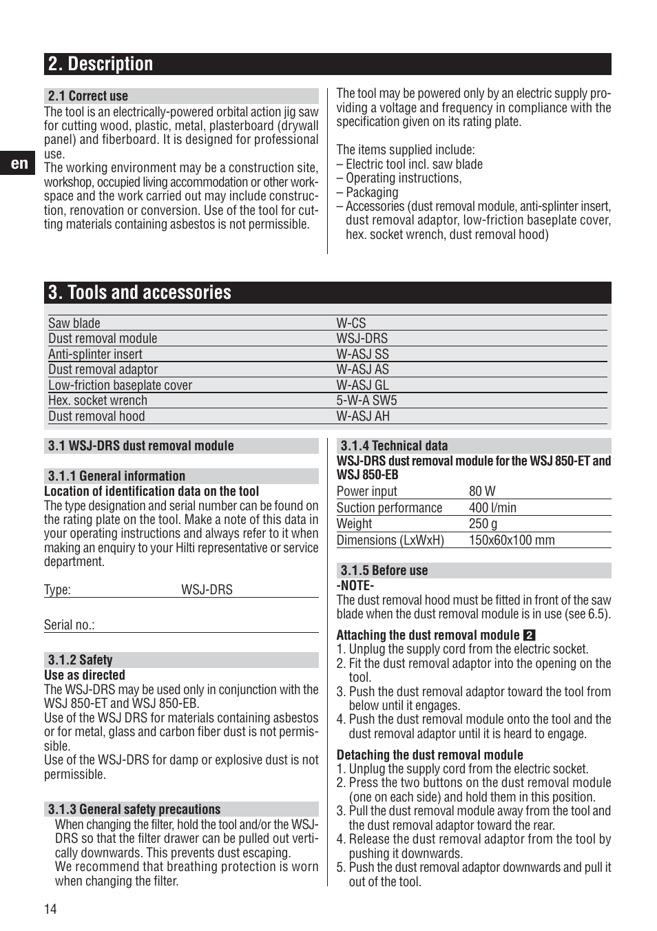 Description, Tools and accessories | Hilti WSJ 750 User Manual | Page 7 / 17
