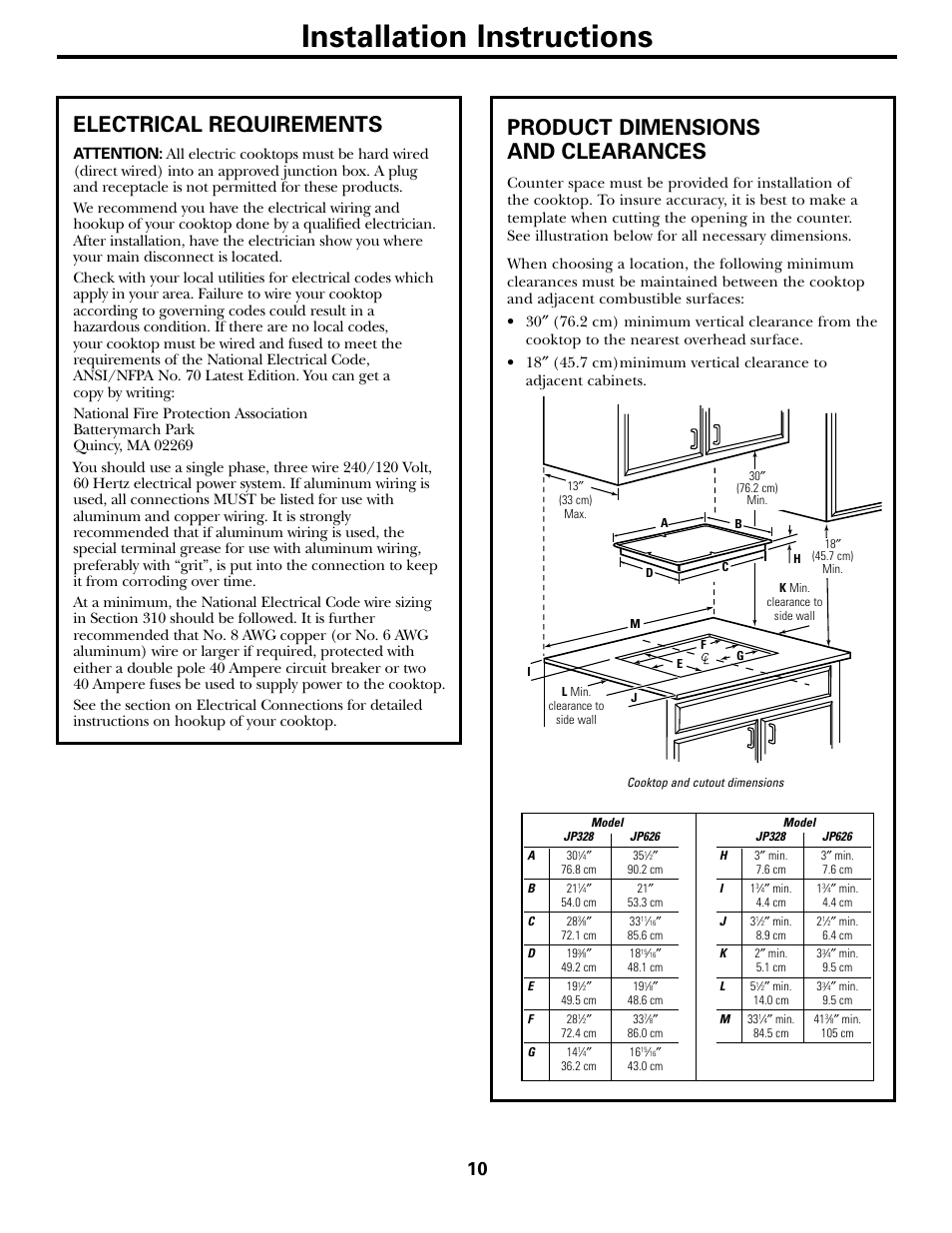 Electrical requirements, Location, Installation instructions | Product dimensions and clearances | Hilti Electric Built-In Cooktop JP328 User Manual | Page 10 / 28