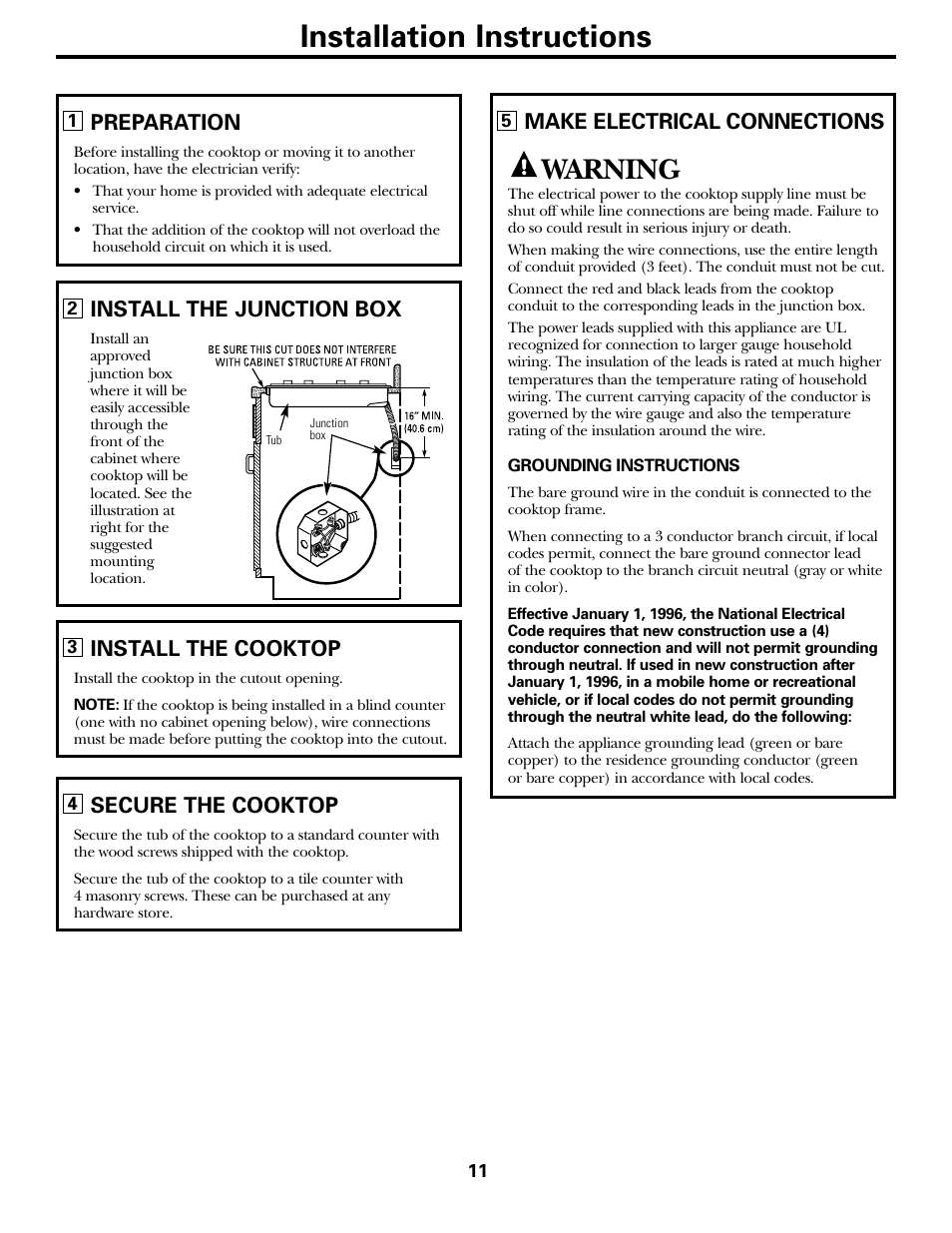 Electrical connections, Installation of the cooktop, Installation instructions | Warning, Preparation, Install the junction box, Install the cooktop, Secure the cooktop, Make electrical connections | Hilti Electric Built-In Cooktop JP328 User Manual | Page 11 / 28
