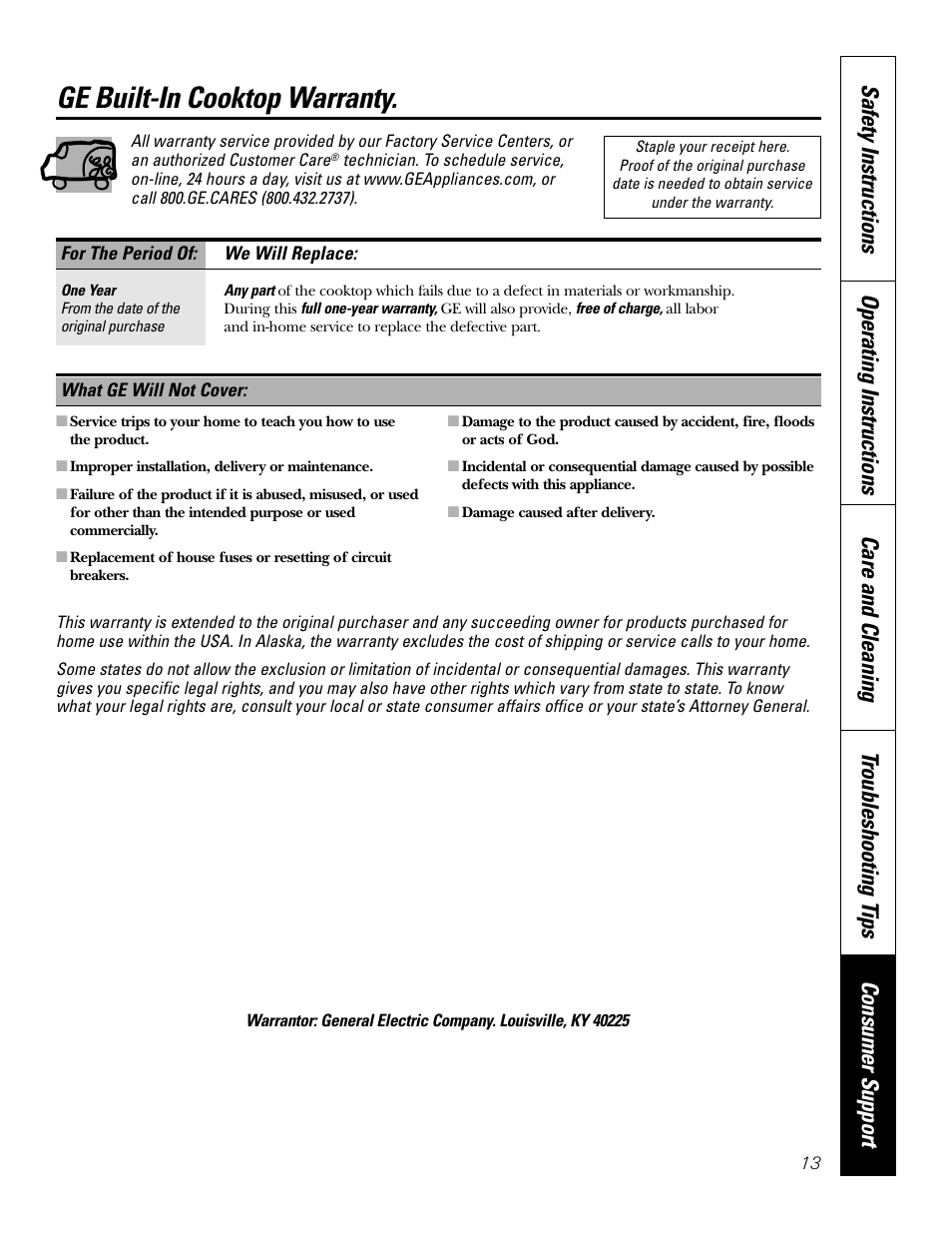 Warranty, Ge built-in cooktop warranty | Hilti Electric Built-In Cooktop JP328 User Manual | Page 13 / 28