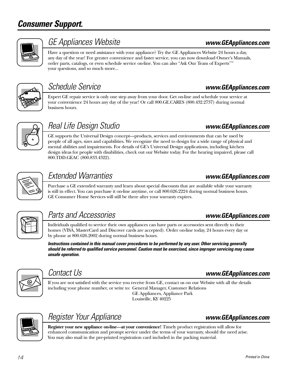 Consumer support, Consumer support. ge appliances website, Schedule service | Real life design studio, Extended warranties, Parts and accessories, Contact us, Register your appliance | Hilti Electric Built-In Cooktop JP328 User Manual | Page 14 / 28