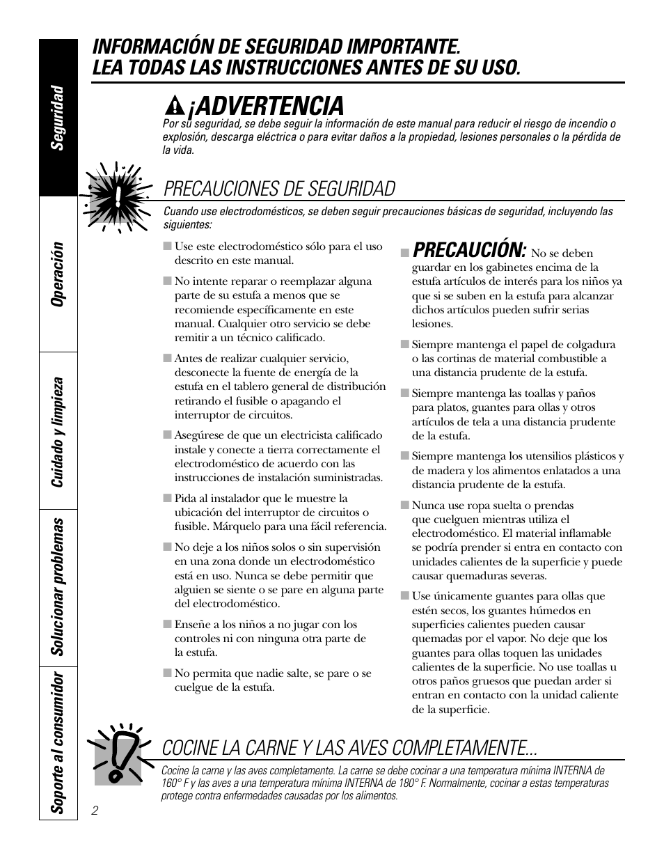 Instrucciones de seguridad, Advertencia, Precaución | Seguridad operación, Solucionar problemas soporte al consumidor | Hilti Electric Built-In Cooktop JP328 User Manual | Page 16 / 28