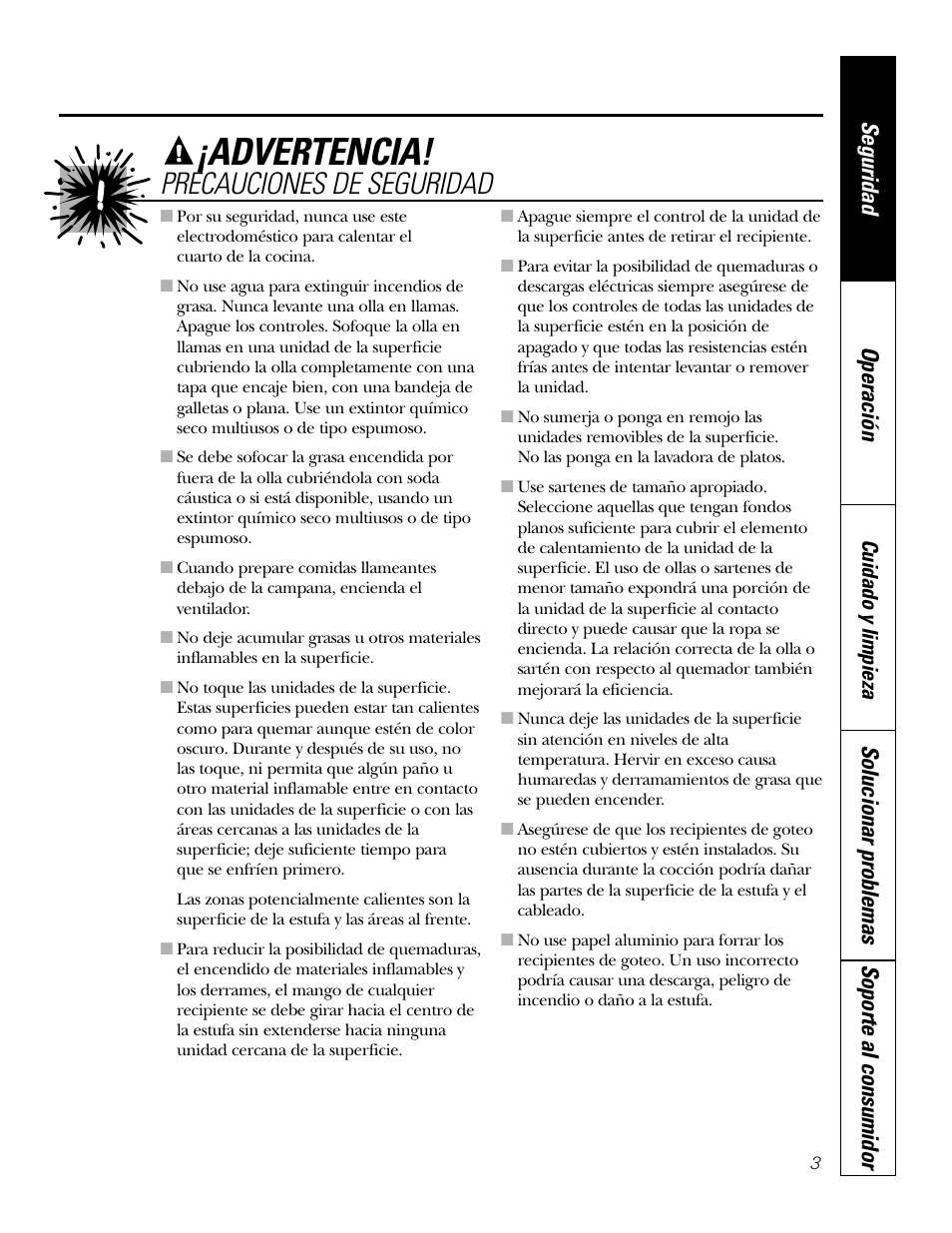 Advertencia, Precauciones de seguridad, Seguridad operación | Solucionar problemas soporte al consumidor | Hilti Electric Built-In Cooktop JP328 User Manual | Page 17 / 28
