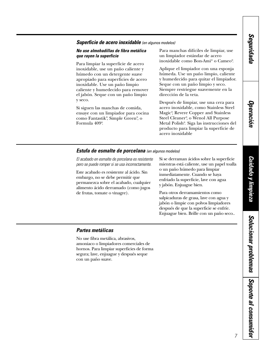 Superficie de acero inoxidable, Superficie esmaltada en porcelana, Seguridada operación | Solucionar problemas soporte al consumidor, Cuidado y limpieza | Hilti Electric Built-In Cooktop JP328 User Manual | Page 21 / 28