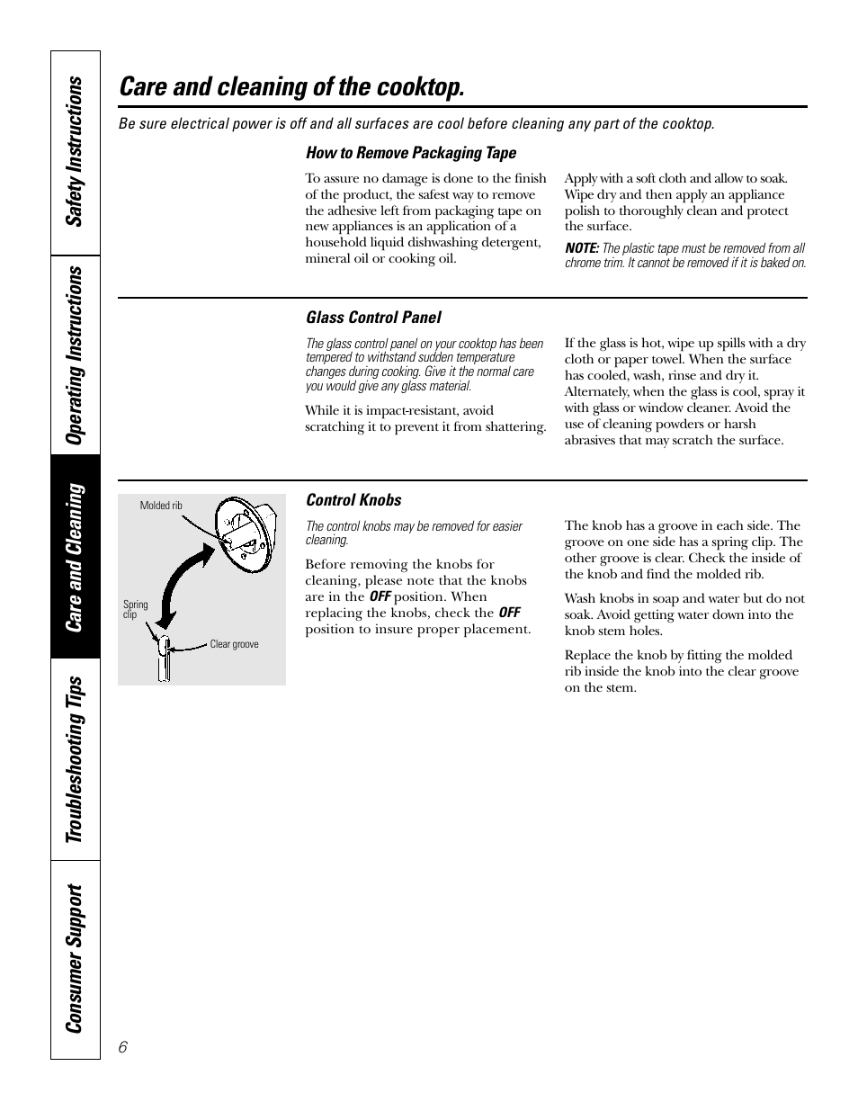 Control knobs, Glass control panel, Packaging tape | Care and cleaning of the cooktop | Hilti Electric Built-In Cooktop JP328 User Manual | Page 6 / 28