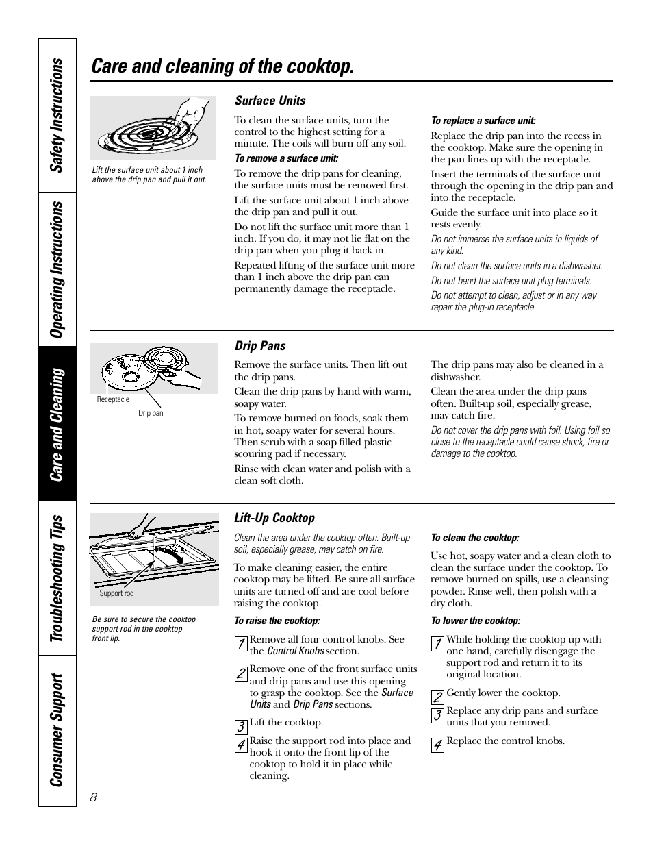 Drip pans, Lift-up cooktop, Metal parts | Surface units, Lift-up cooktop metal parts, Care and cleaning of the cooktop | Hilti Electric Built-In Cooktop JP328 User Manual | Page 8 / 28