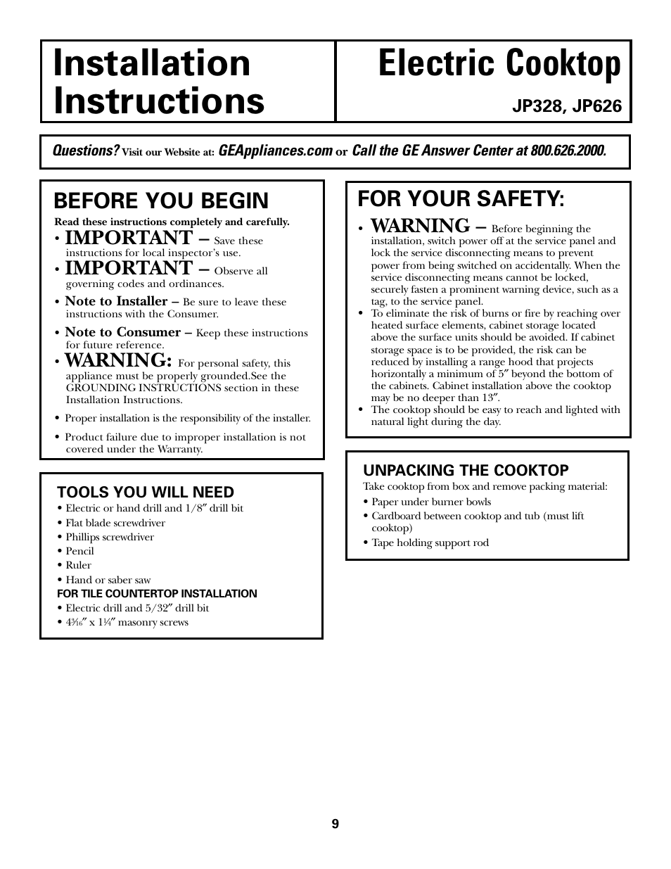 Tools you will need, Installation electric cooktop instructions, Before you begin | For your safety, Important, Warning | Hilti Electric Built-In Cooktop JP328 User Manual | Page 9 / 28