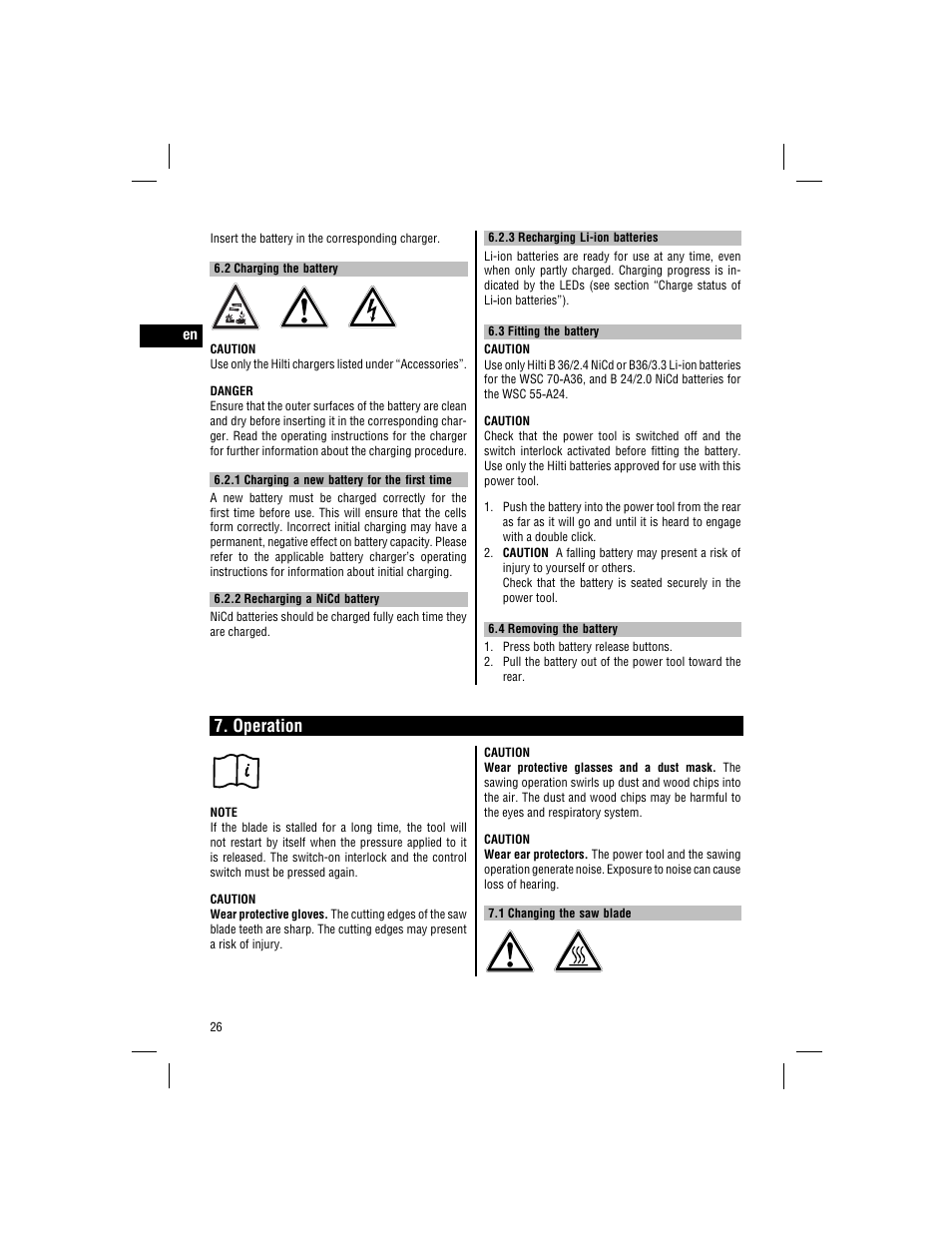 Operation | Hilti WSC 70-A36 User Manual | Page 15 / 22