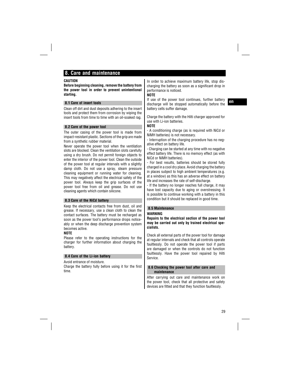 Care and maintenance | Hilti WSC 70-A36 User Manual | Page 18 / 22