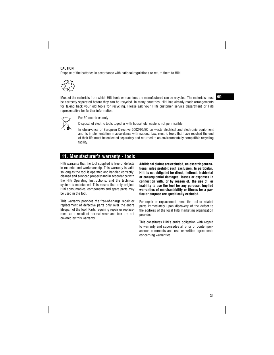Manufacturer’s warranty - tools | Hilti WSC 70-A36 User Manual | Page 20 / 22