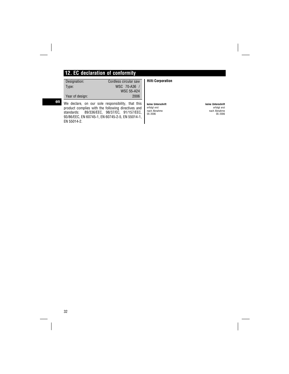 Ec declaration of conformity | Hilti WSC 70-A36 User Manual | Page 21 / 22