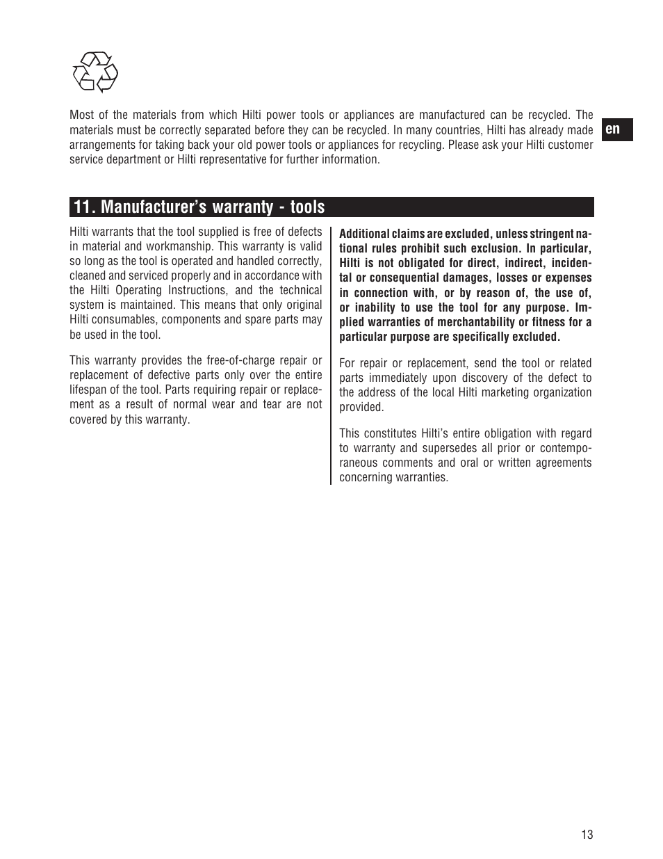 Manufacturer’s warranty - tools | Hilti SID/SIW 14-A/18-A User Manual | Page 20 / 21