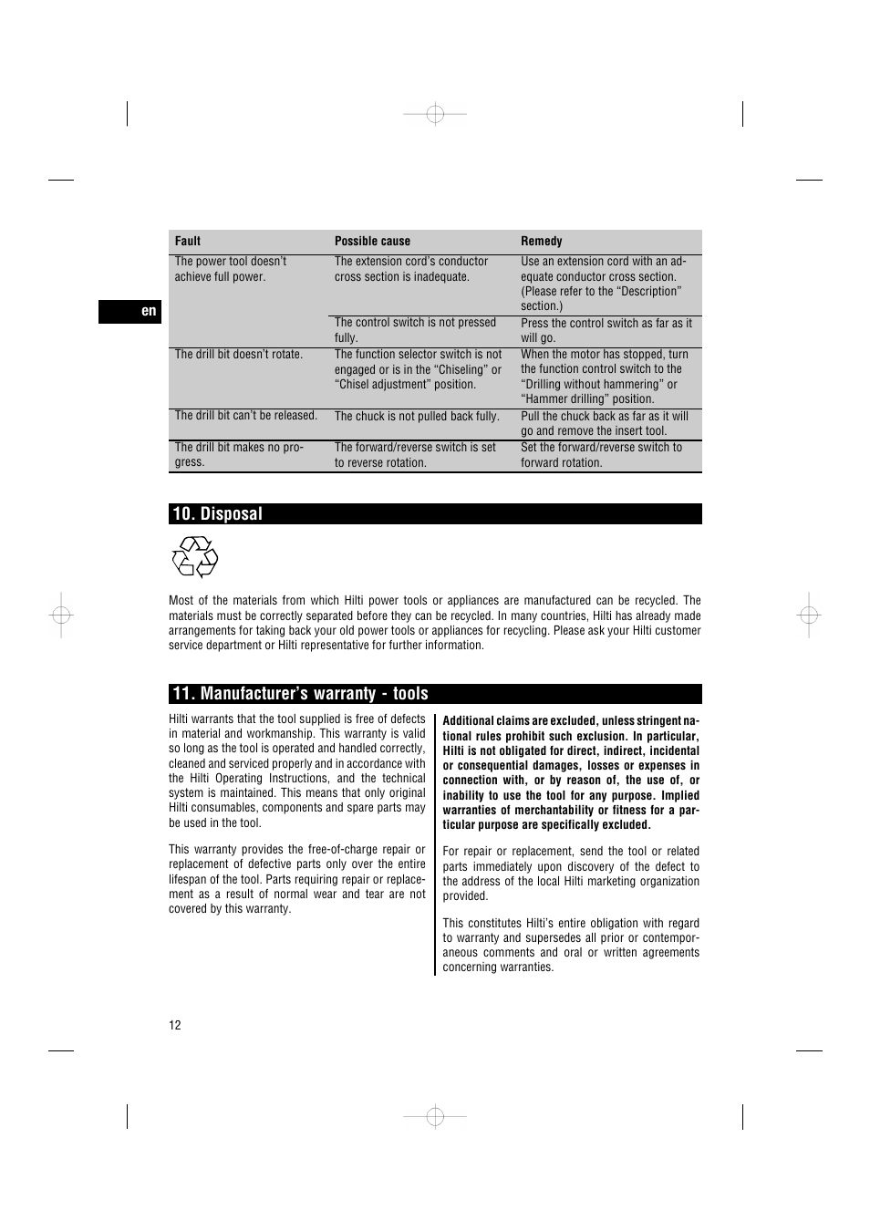 Disposal, Manufacturer’s warranty - tools | Hilti TE 7-C User Manual | Page 15 / 16