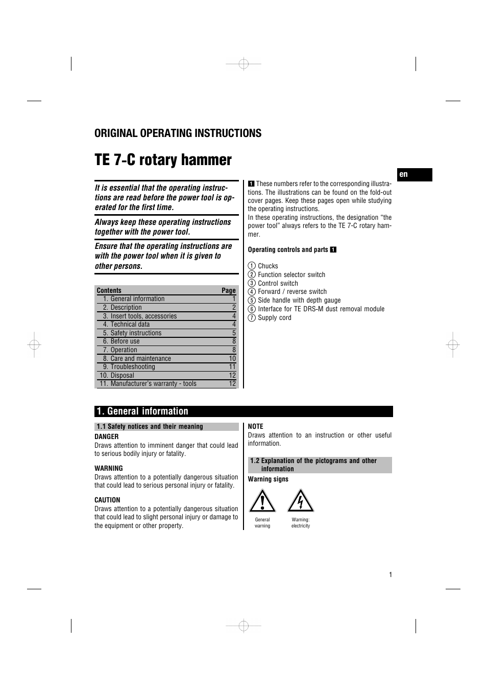 Te 7 ‑ c rotary hammer, Original operating instructions, General information | Hilti TE 7-C User Manual | Page 4 / 16