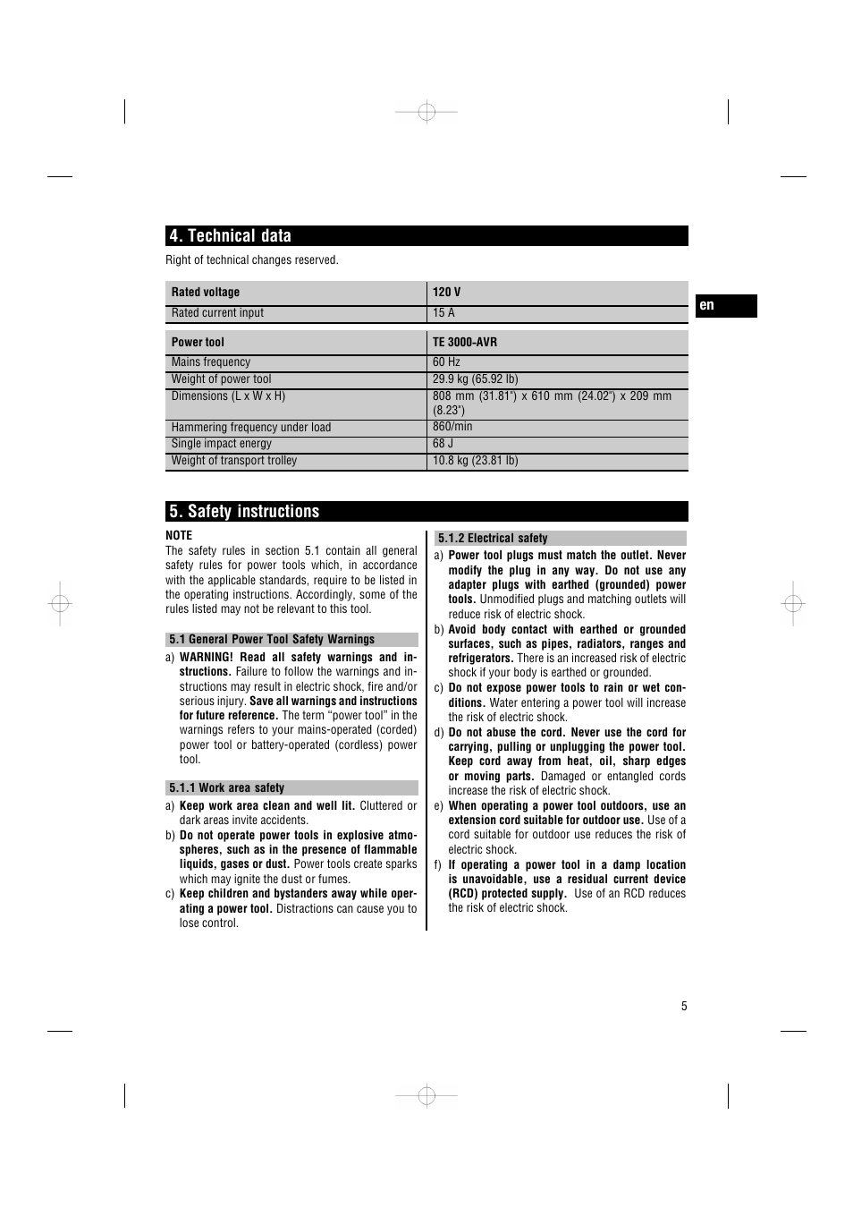 Technical data, Safety instructions | Hilti TE3000-AVR User Manual | Page 11 / 19