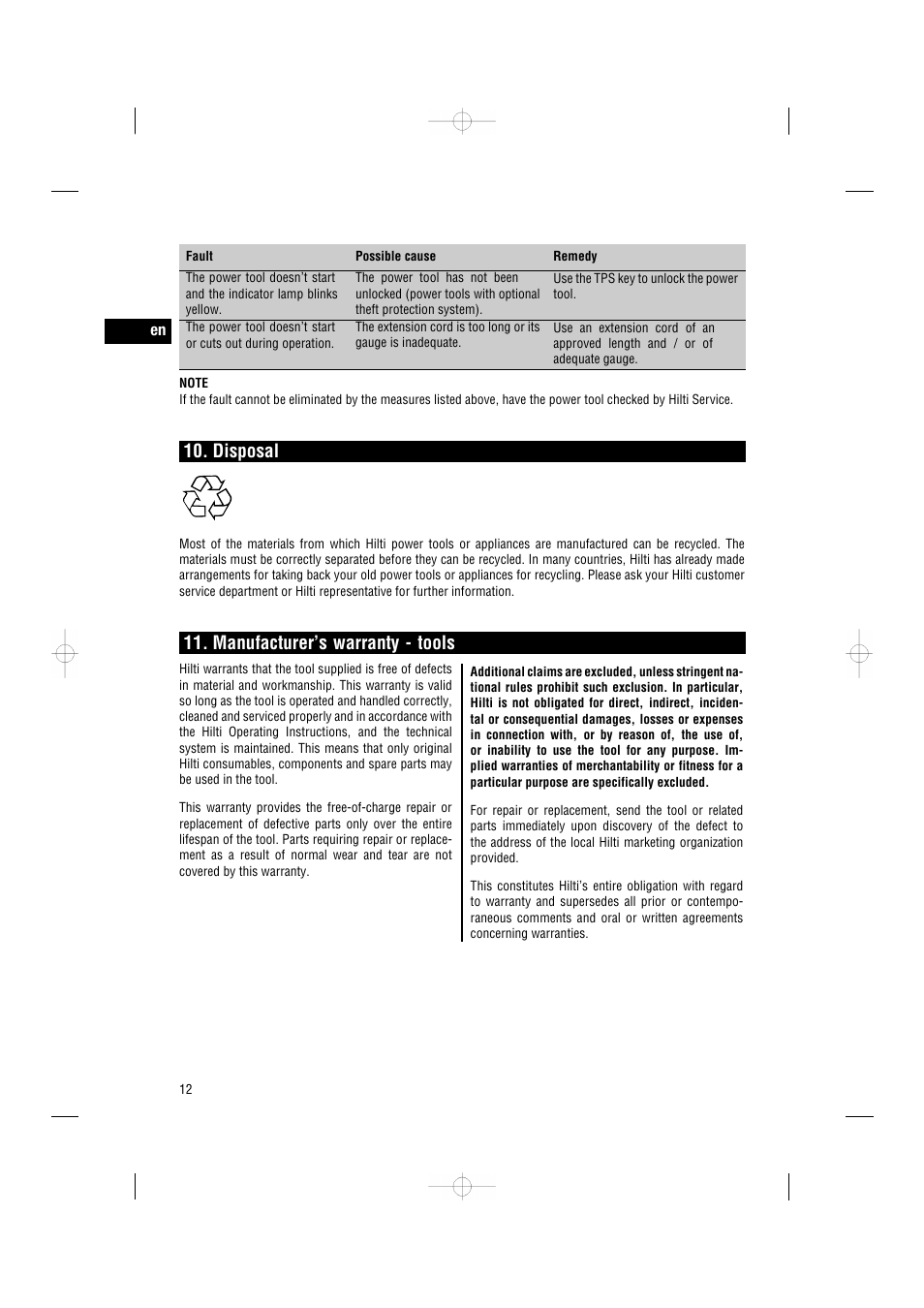 Disposal, Manufacturer’s warranty - tools | Hilti TE3000-AVR User Manual | Page 18 / 19