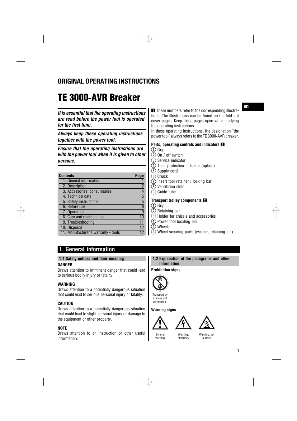 Te 3000 ‑ avr breaker, Original operating instructions, General information | Hilti TE3000-AVR User Manual | Page 7 / 19