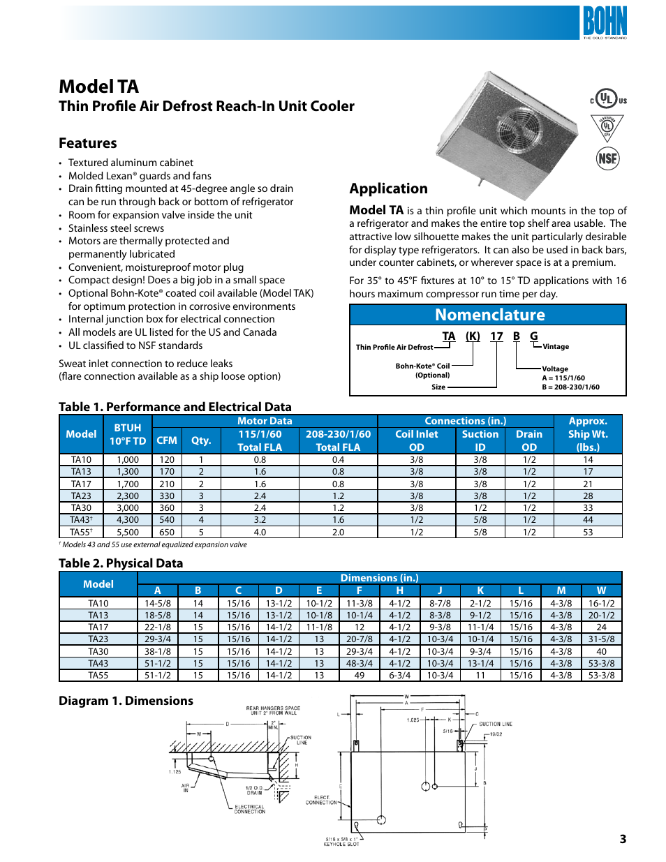 Nomenclature, Features, Application | Thin profile air defrost reach-in unit cooler, Model ta | Heatcraft Refrigeration Products U User Manual | Page 3 / 12