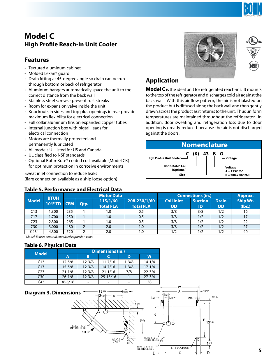 Nomenclature, Features, Application | High profile reach-in unit cooler, Model c | Heatcraft Refrigeration Products U User Manual | Page 5 / 12