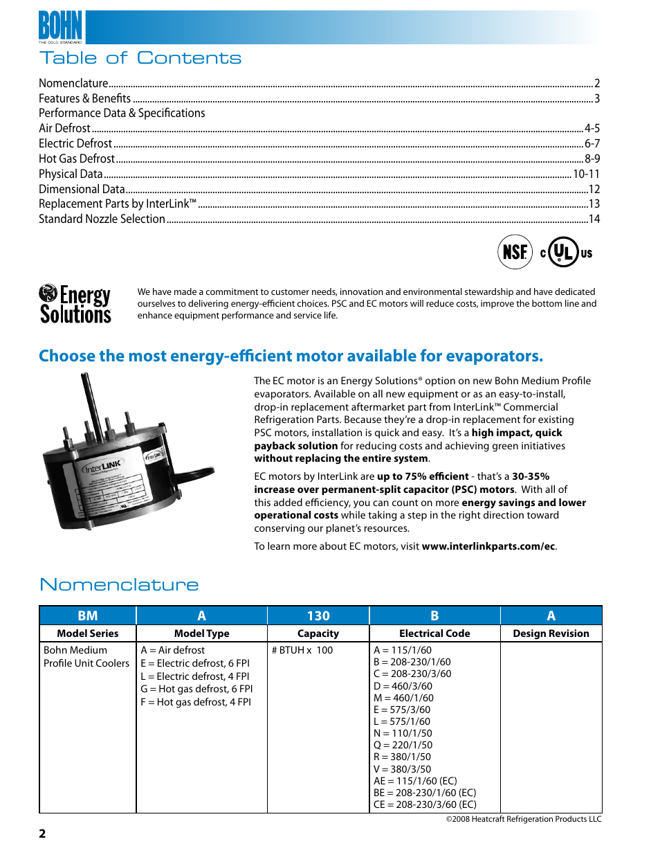 Table of contents nomenclature, Bm a 130 b a | Heatcraft Refrigeration Products BMG User Manual | Page 2 / 16