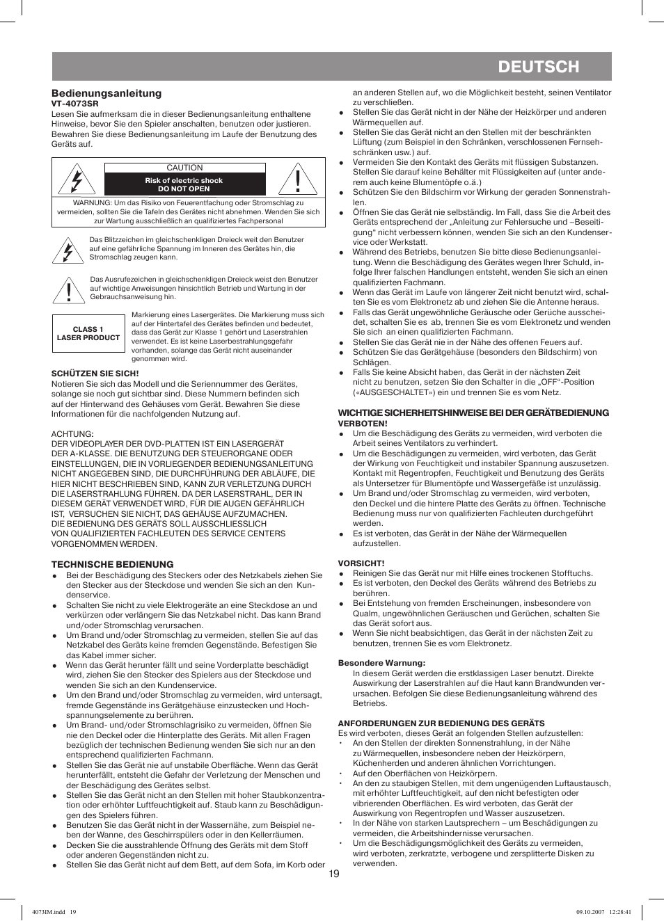 Deutsch, 19 bedienungsanleitung | Vitek VT-4073 SR User Manual | Page 19 / 92