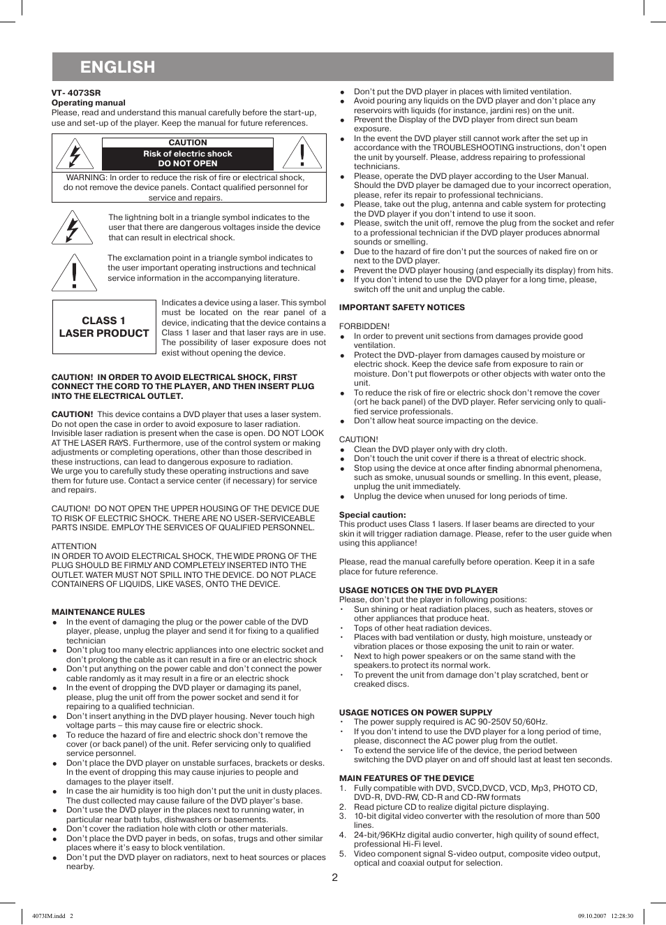 English, Class 1 laser product | Vitek VT-4073 SR User Manual | Page 2 / 92