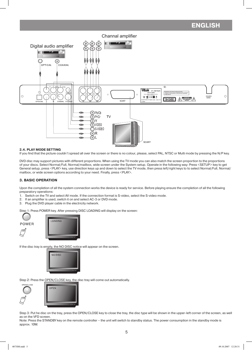 English, Channal amplifier digital audio amplifier | Vitek VT-4073 SR User Manual | Page 5 / 92