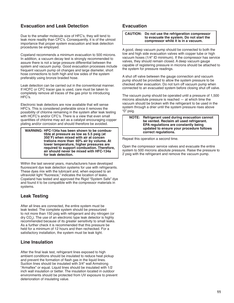 Line insulation, Leak testing, Evacuation and leak detection | Evacuation | Heatcraft Refrigeration Products H-IM-FL1A User Manual | Page 11 / 24
