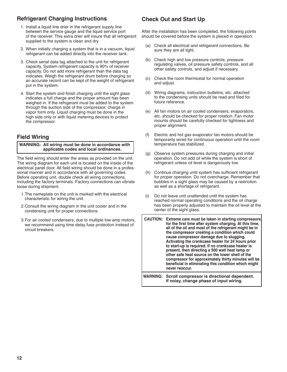 Field wiring, Check out and start up, Refrigerant charging instructions | Heatcraft Refrigeration Products H-IM-FL1A User Manual | Page 12 / 24