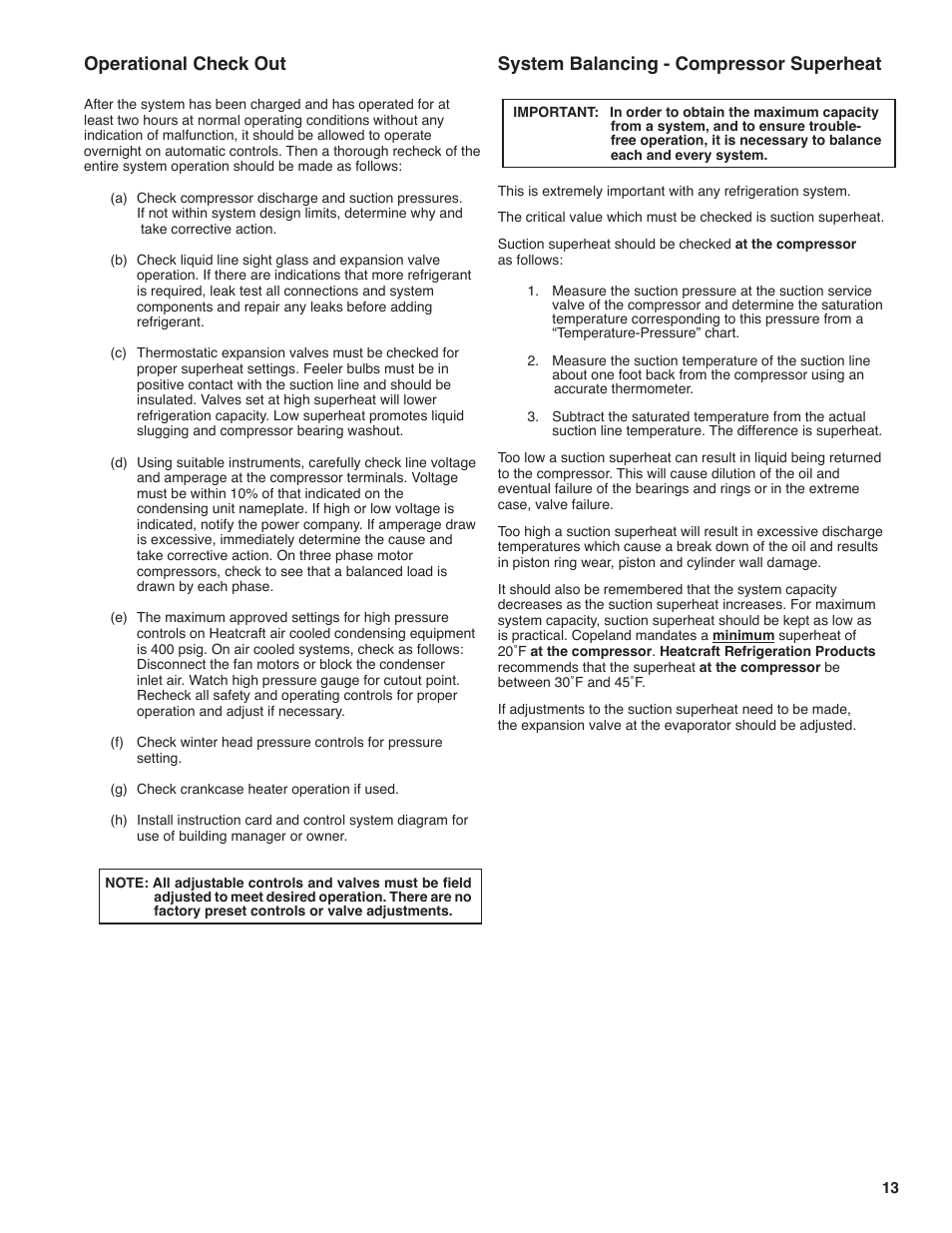 System balancing - compressor superheat, Operational check out | Heatcraft Refrigeration Products H-IM-FL1A User Manual | Page 13 / 24