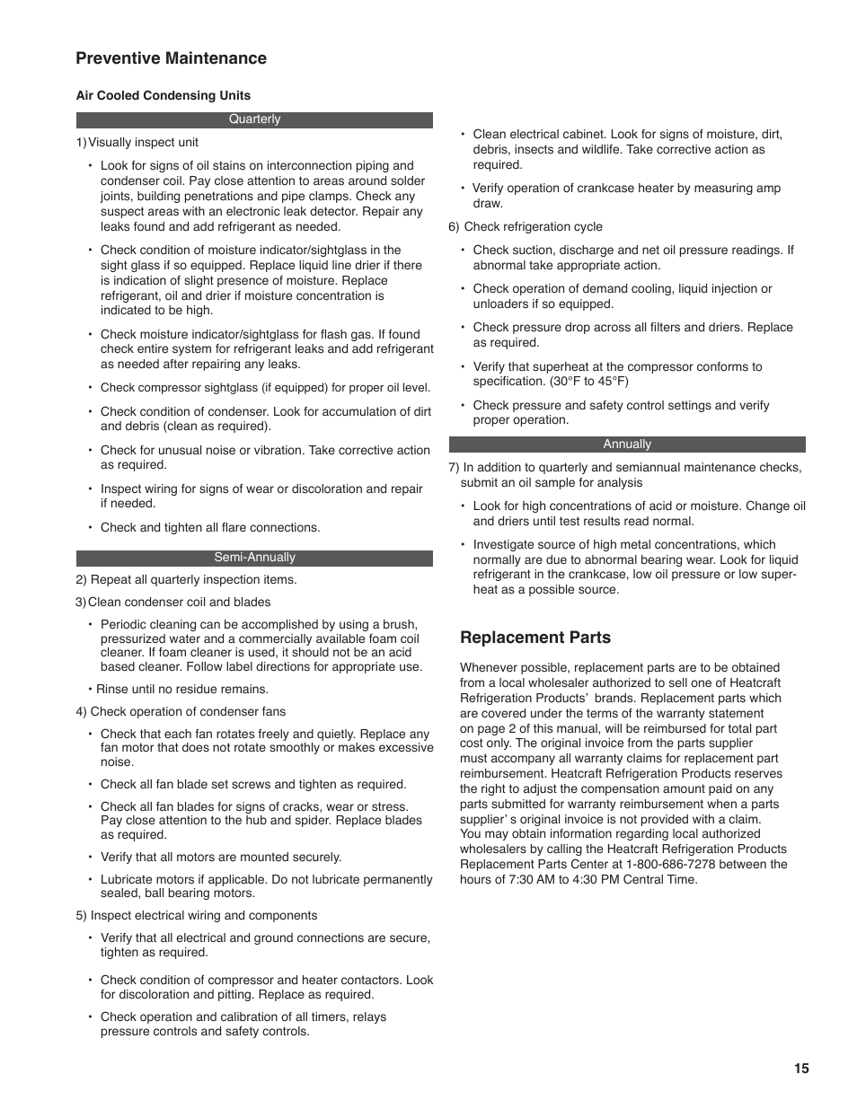 Preventive maintenance, Replacement parts | Heatcraft Refrigeration Products H-IM-FL1A User Manual | Page 15 / 24