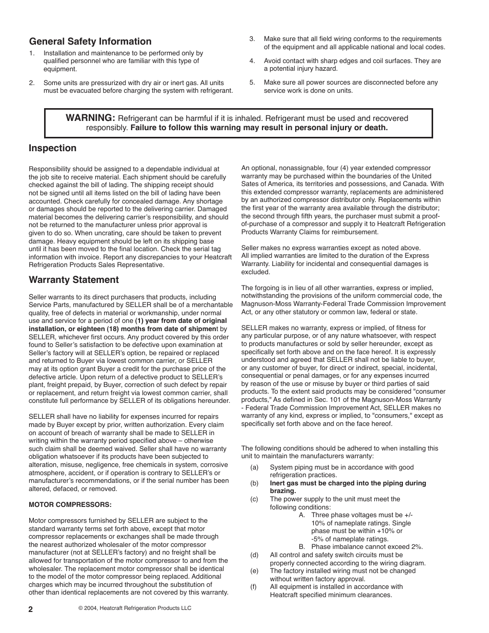 General safety information, Warning, Inspection | Warranty statement | Heatcraft Refrigeration Products H-IM-FL1A User Manual | Page 2 / 24
