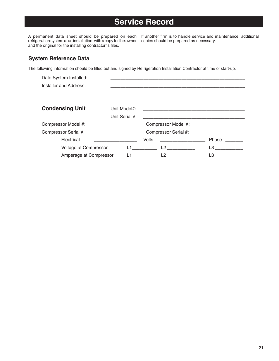 Service record | Heatcraft Refrigeration Products H-IM-FL1A User Manual | Page 21 / 24