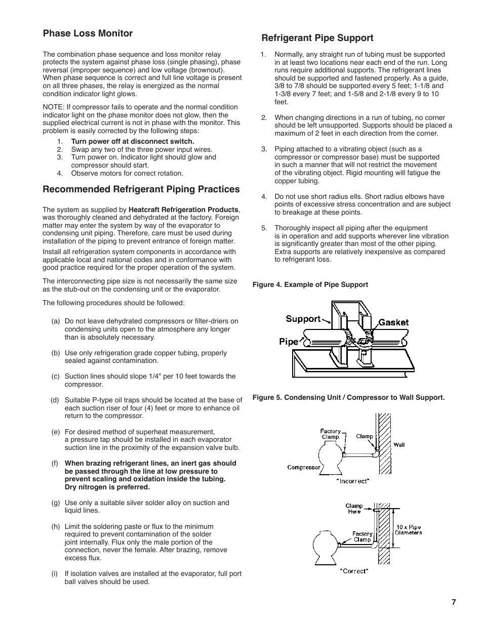 Phase loss monitor, Recommended refrigerant piping practices, Refrigerant pipe support | Heatcraft Refrigeration Products H-IM-FL1A User Manual | Page 7 / 24