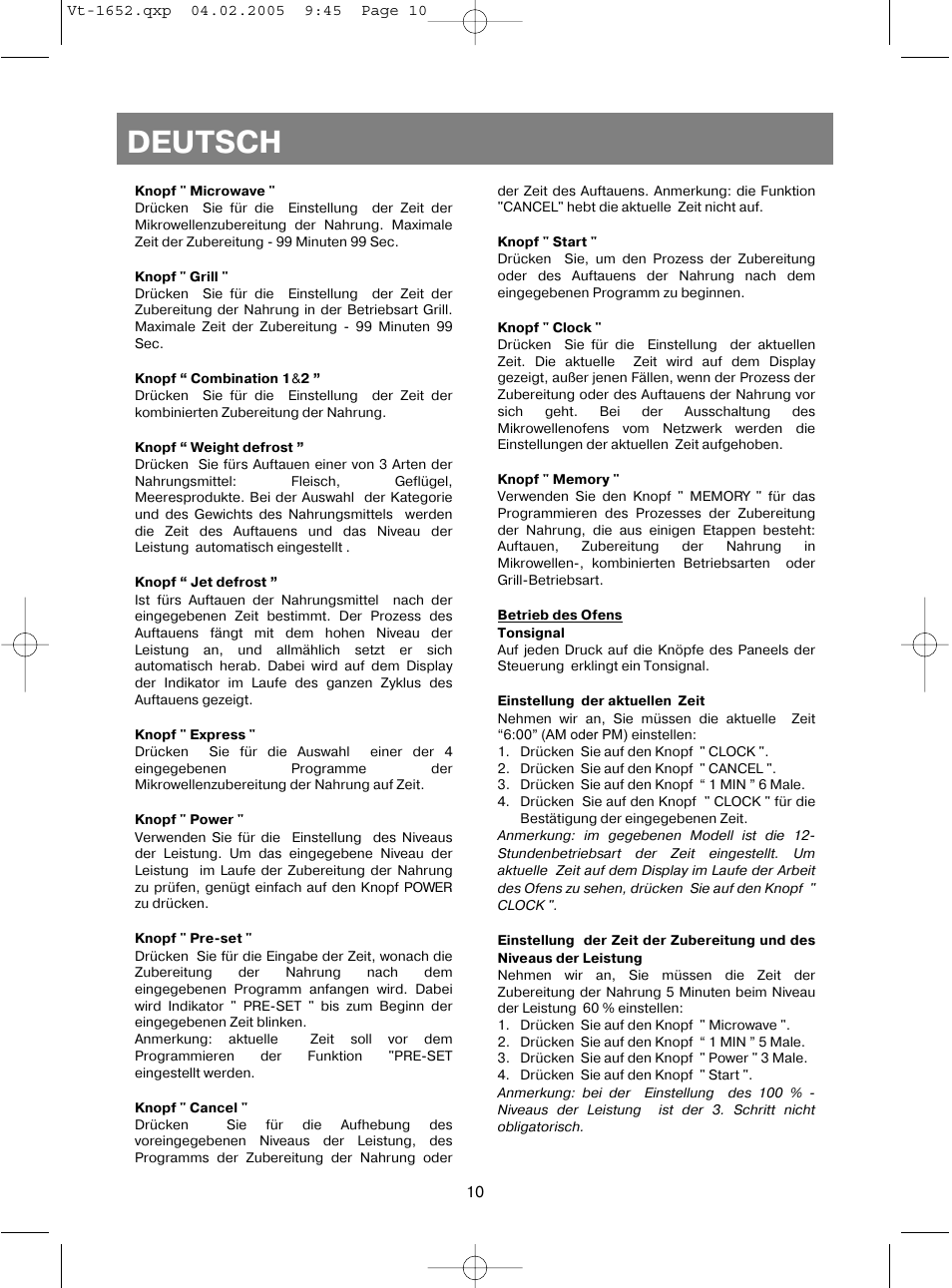 Deutsch | Vitek VT-1652 User Manual | Page 10 / 68