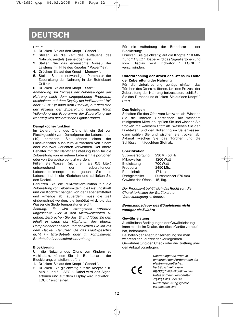 Deutsch | Vitek VT-1652 User Manual | Page 12 / 68