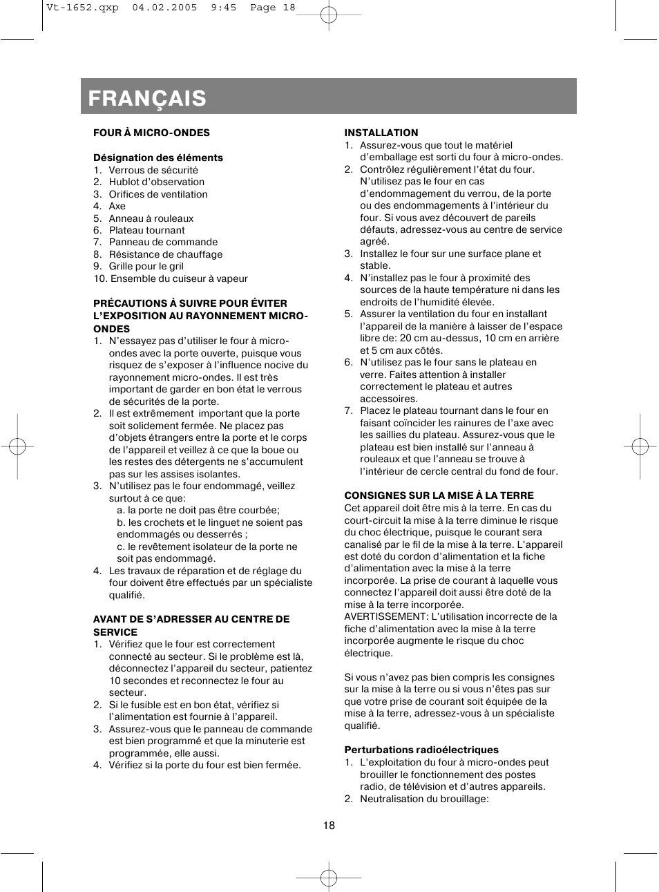 Français | Vitek VT-1652 User Manual | Page 18 / 68