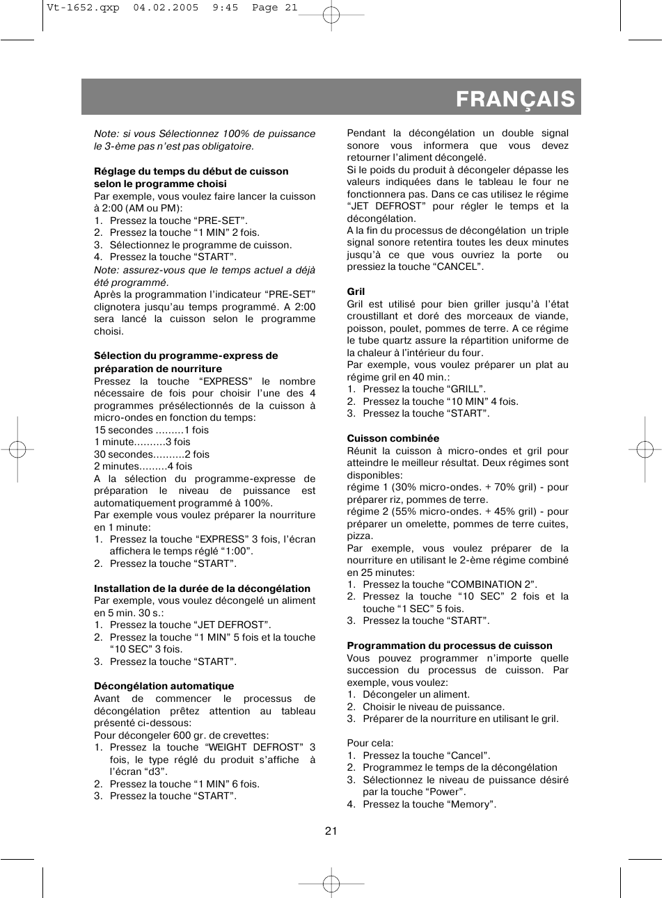 Français | Vitek VT-1652 User Manual | Page 21 / 68