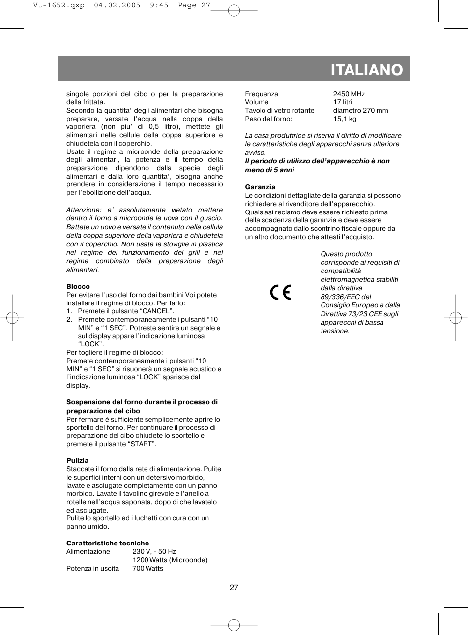 Italiano | Vitek VT-1652 User Manual | Page 27 / 68