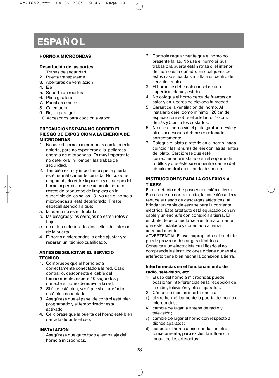 Español | Vitek VT-1652 User Manual | Page 28 / 68