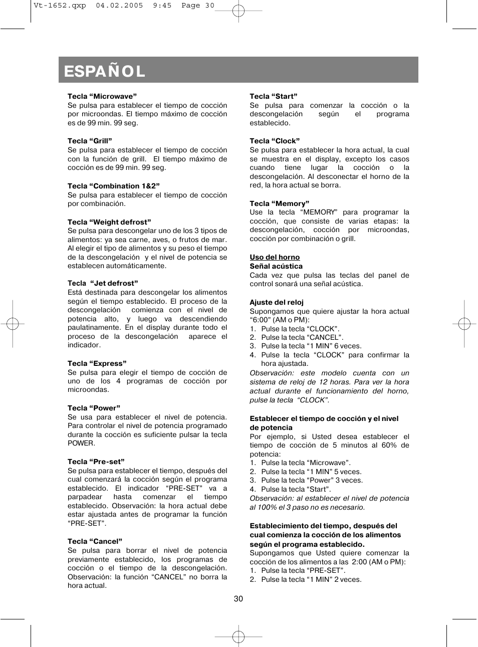 Español | Vitek VT-1652 User Manual | Page 30 / 68