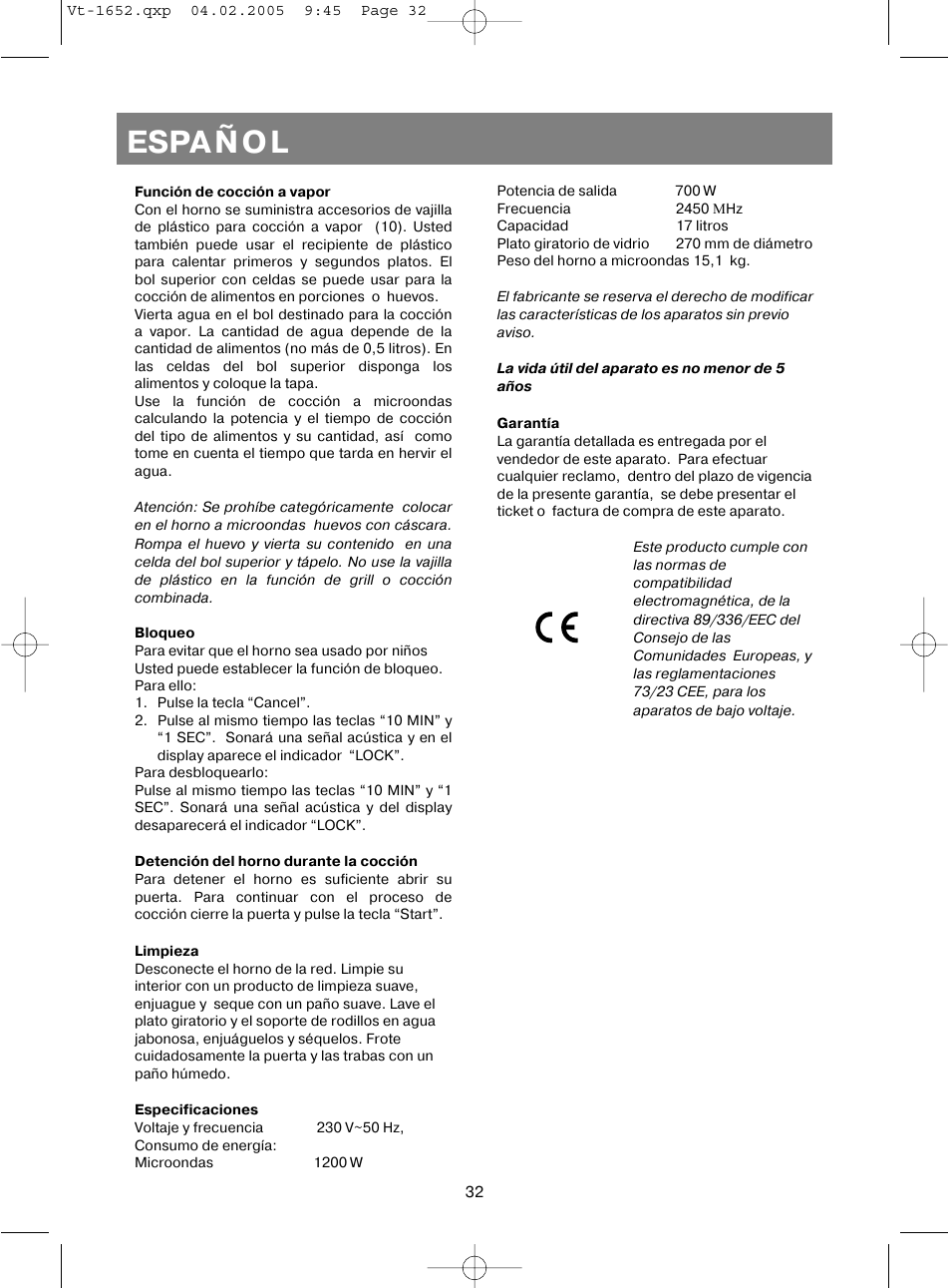Español | Vitek VT-1652 User Manual | Page 32 / 68