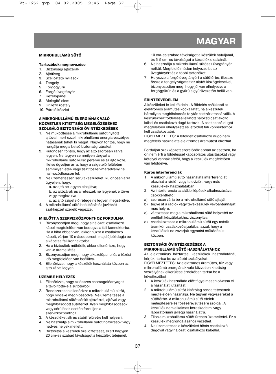 Magyar | Vitek VT-1652 User Manual | Page 37 / 68