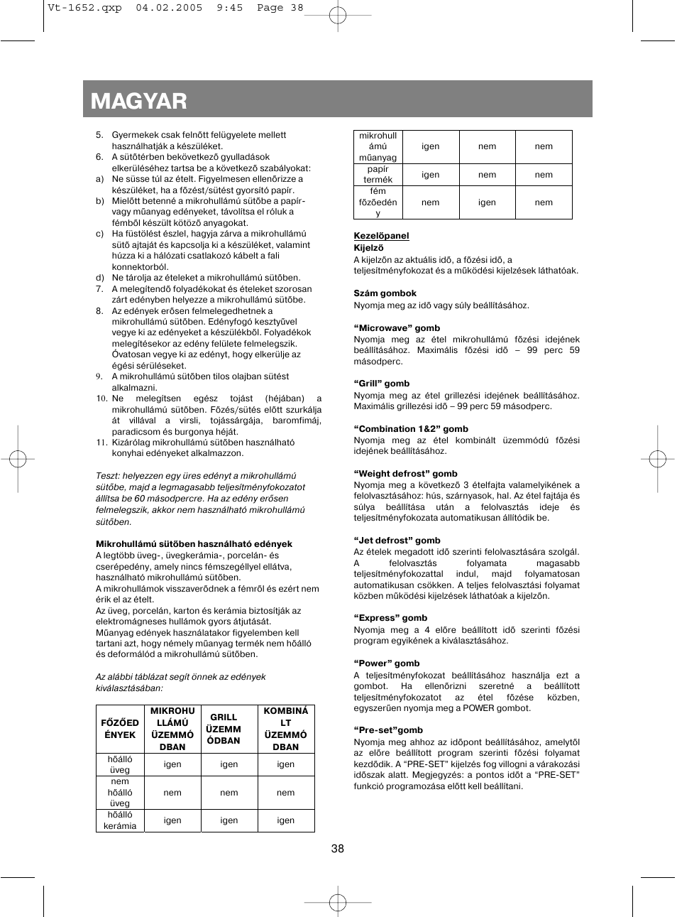 Magyar | Vitek VT-1652 User Manual | Page 38 / 68