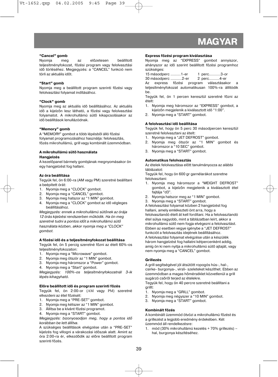 Magyar | Vitek VT-1652 User Manual | Page 39 / 68