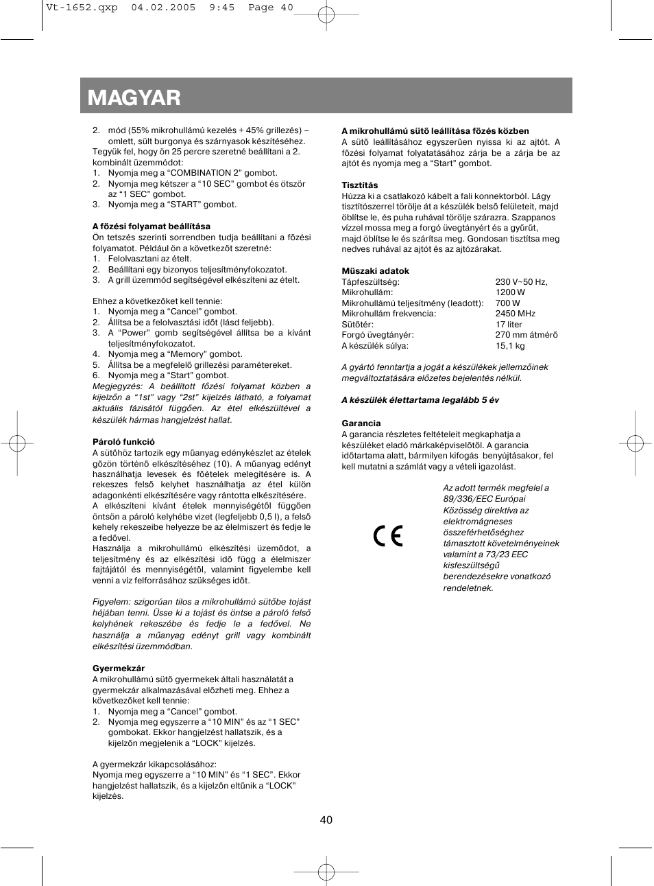 Magyar | Vitek VT-1652 User Manual | Page 40 / 68