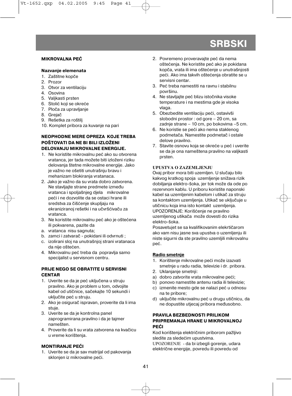 Srbski | Vitek VT-1652 User Manual | Page 41 / 68