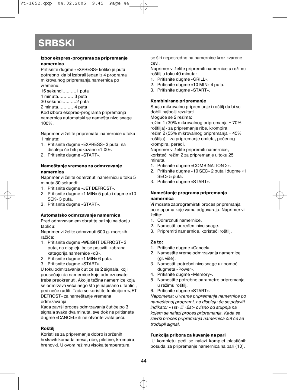Srbski | Vitek VT-1652 User Manual | Page 44 / 68