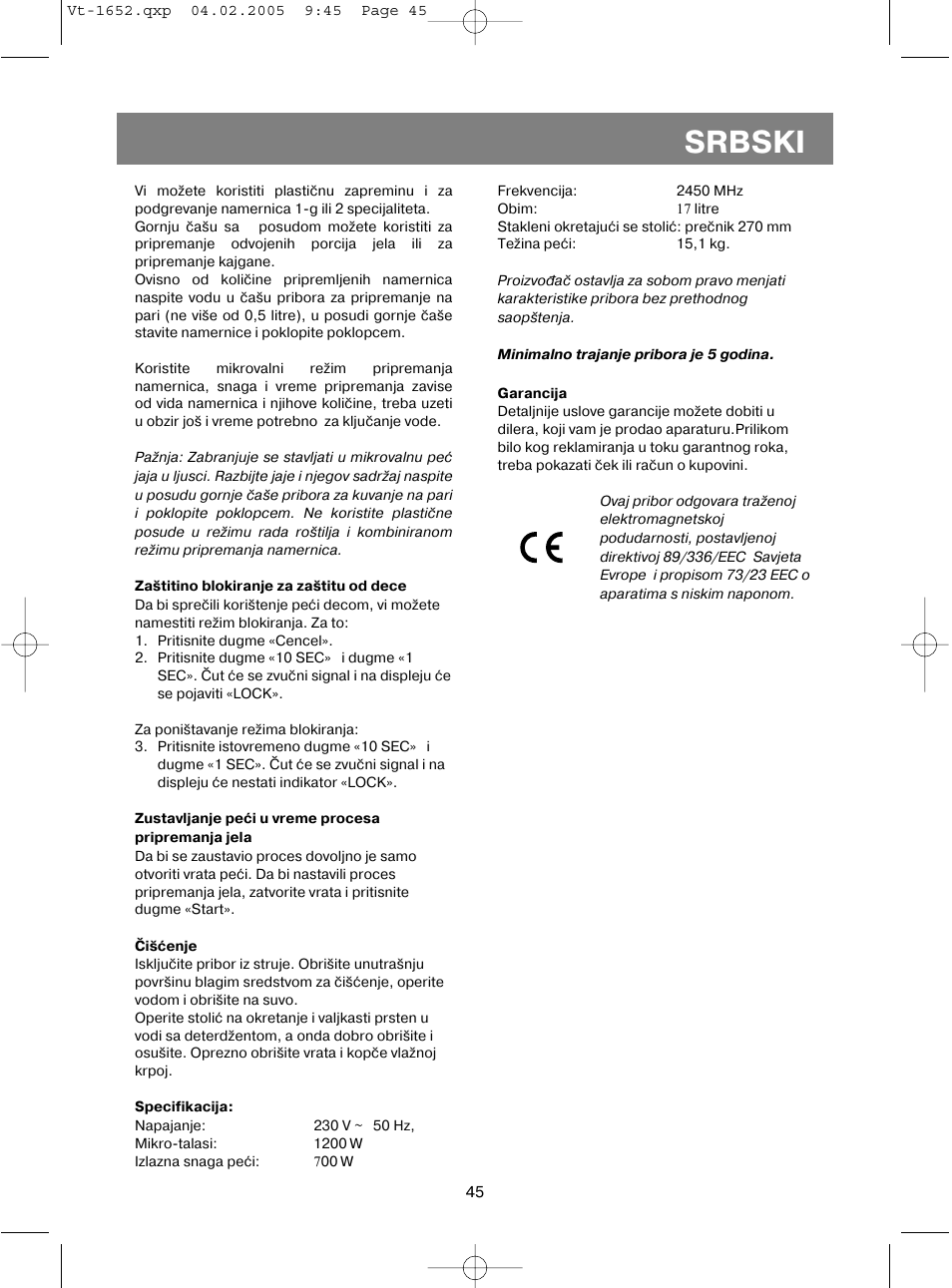 Srbski | Vitek VT-1652 User Manual | Page 45 / 68