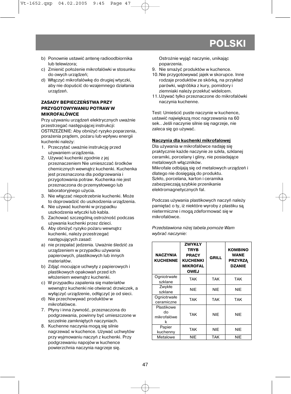 Polski | Vitek VT-1652 User Manual | Page 47 / 68
